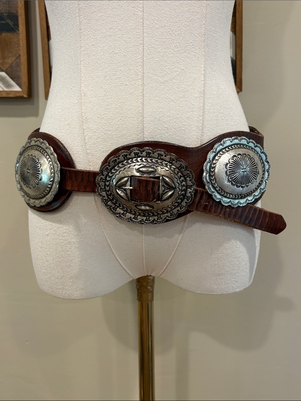 Vintage Ralph Lauren 90s Western Wide Brown Leather Concho Belt size Large